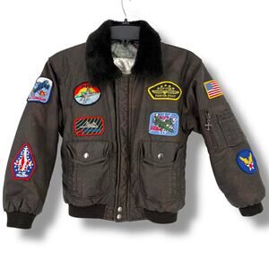 WWII Styled Vegan Leather Bomber Jacket Boys Size 10 11 Pilot Military Patches
